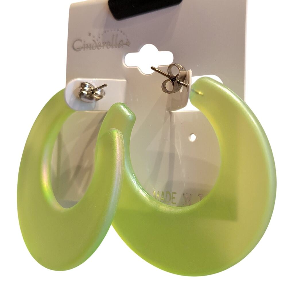Green Hoop Earrings 1.7" Retro Iridescent Y2K Festival Pierced 80's Statement